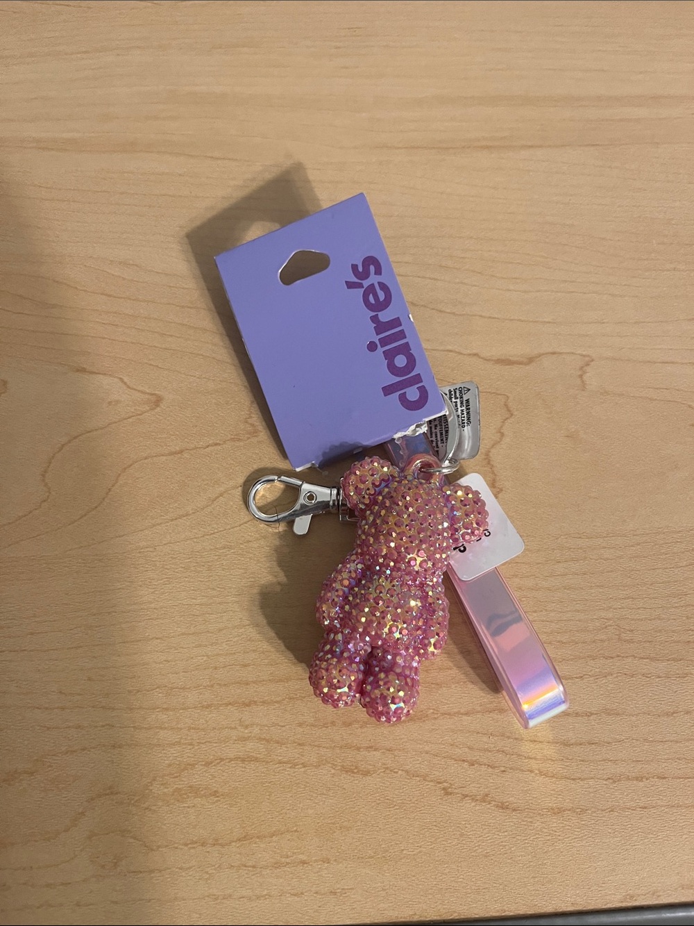 Claire's Pink Iridescent Rhinestone Bear Charm Keyring